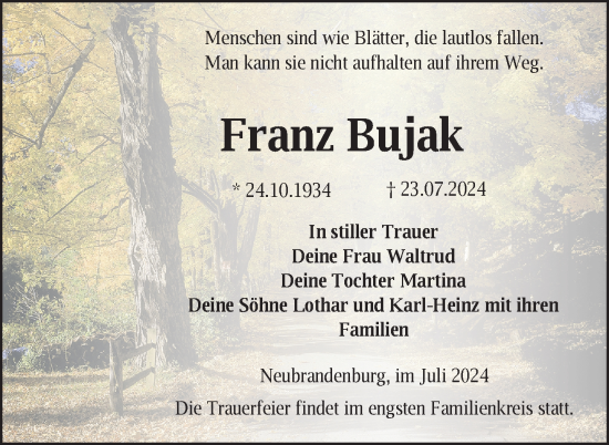 Traueranzeige von Franz Bujak von Nordkurier Neubrandenburger Zeitung