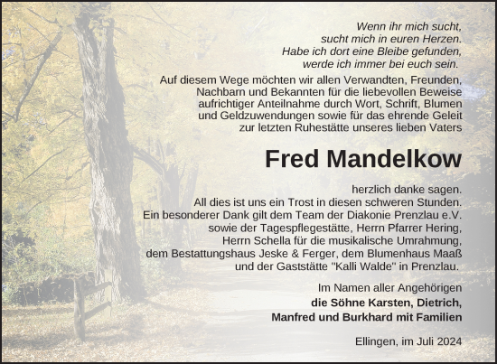 Traueranzeige von Fred Mandelkow von Uckermark Kurier Prenzlauer Zeitung