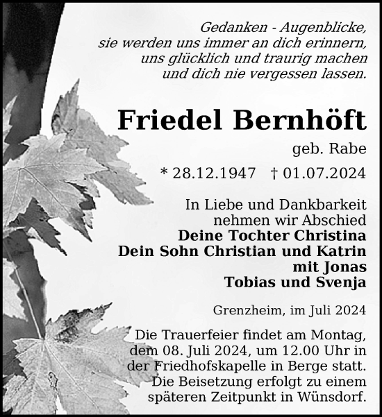 Traueranzeige von Friedel Bernhöft von Der Prignitzer