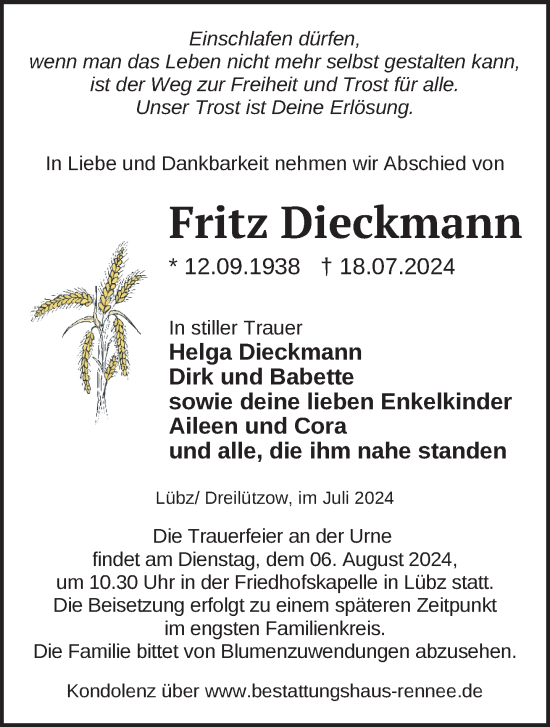 Traueranzeige von Fritz Dieckmann von Parchim und Lübz