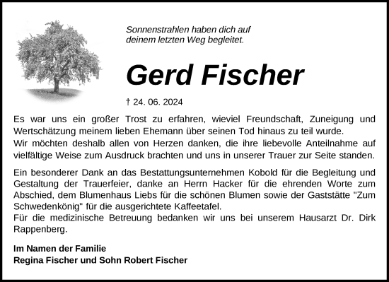 Traueranzeige von Gerd Fischer von Gadebusch - Rehnaer Zeitung