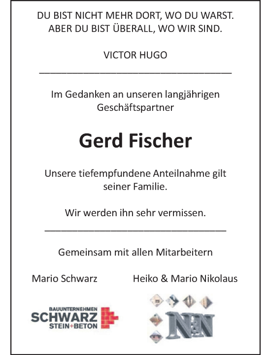 Traueranzeige von Gerd Fischer von Gadebusch - Rehnaer Zeitung