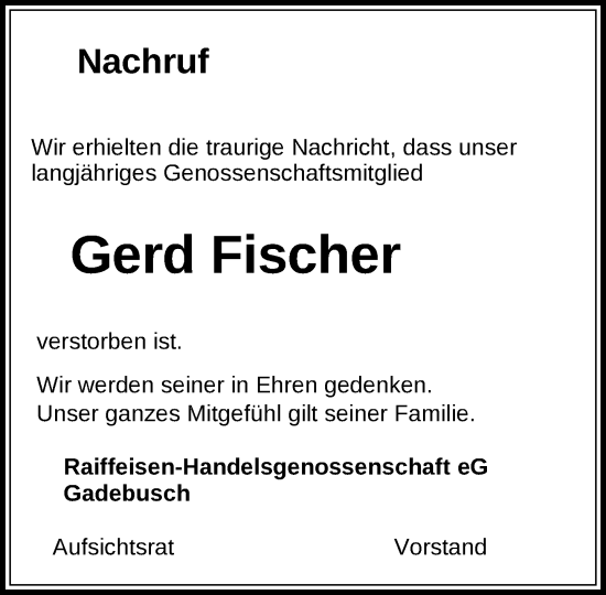 Traueranzeige von Gerd Fischer von Gadebusch - Rehnaer Zeitung