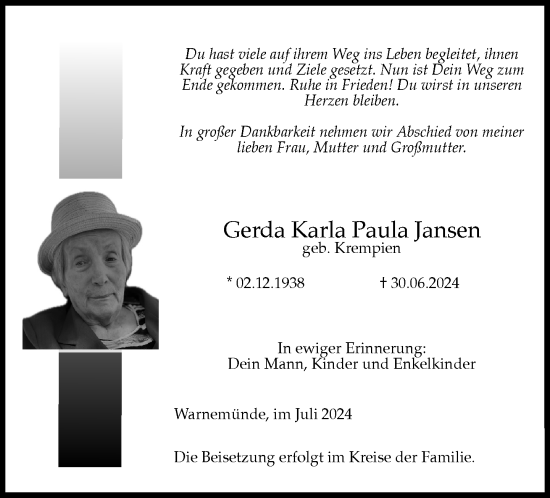 Traueranzeige von Gerda Karla Paula Jansen von Norddeutsche Neueste Nachrichten