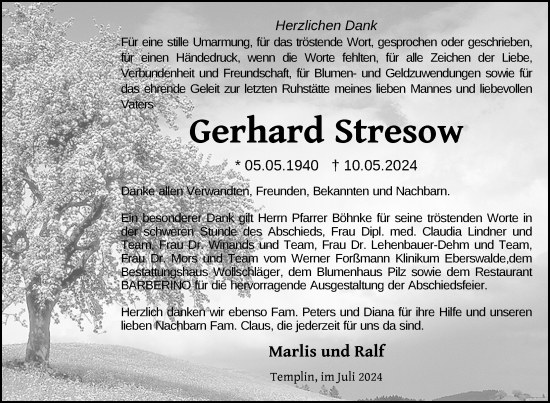 Traueranzeige von Gerhard Stresow von Uckermark Kurier Templiner Zeitung