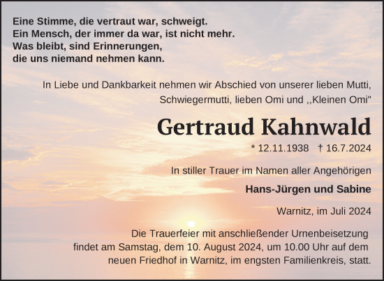 Traueranzeige von Gertraud Kahnwald von Uckermark Kurier Prenzlauer Zeitung