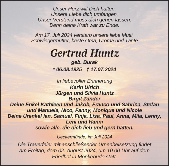 Traueranzeige von Gertrud Huntz von Nordkurier Haff-Zeitung