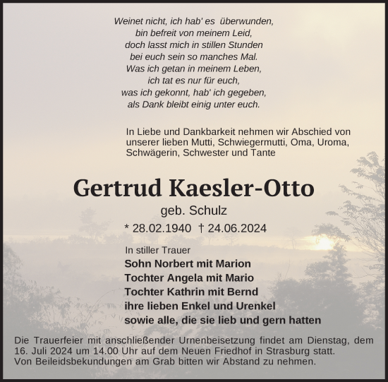 Traueranzeige von Gertrud Kaesler-Otto von Nordkurier Pasewalker Zeitung