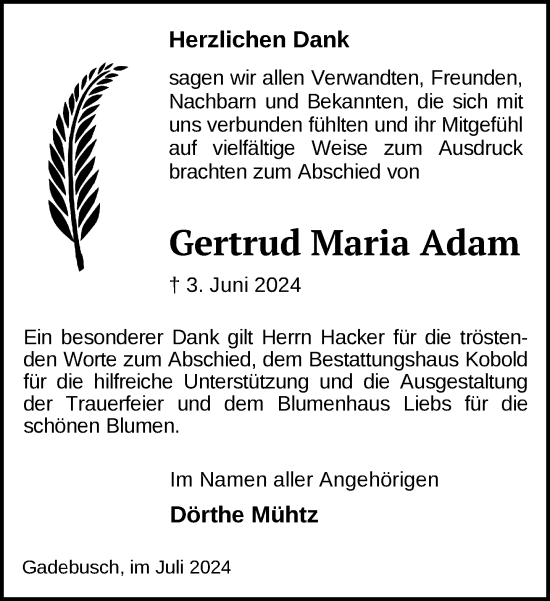 Traueranzeige von Gertrud Maria Adam von Gadebusch - Rehnaer Zeitung