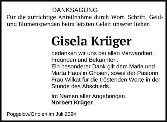 Traueranzeige von Gisela Krüger von Nordkurier Mecklenburger Schweiz