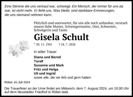 Traueranzeige von Gisela Schult von Nordkurier Müritz-Zeitung