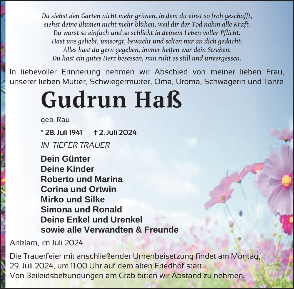  Traueranzeige für Gudrun Haß vom 06.07.2024 aus Nordkurier Vorpommern Kurier