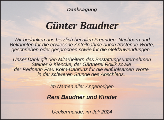 Traueranzeige von Günter Baudner von Nordkurier Haff-Zeitung