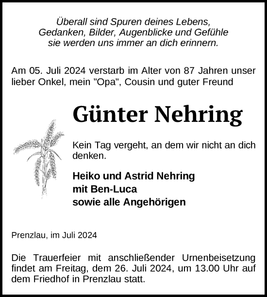 Traueranzeige von Günter Nehring von Uckermark Kurier Prenzlauer Zeitung