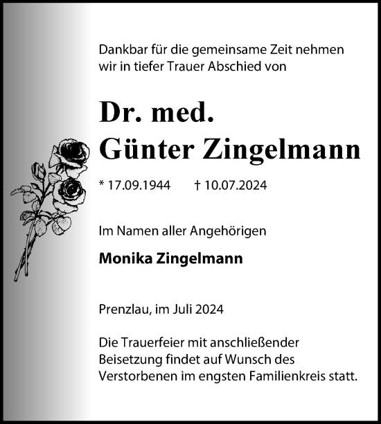 Traueranzeige von Günter Zingelmann von Uckermark Kurier Prenzlauer Zeitung