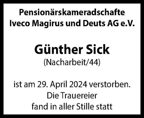Traueranzeige von Günther Sick 