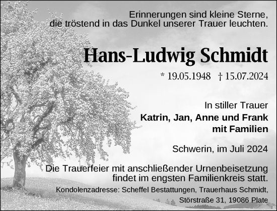 Traueranzeige von Hans-Ludwig Schmidt von Zeitung für die Landeshauptstadt