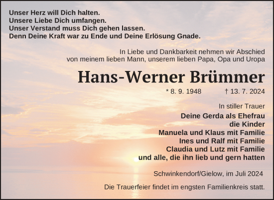 Traueranzeige von Hans-Werner Brümmer von Nordkurier Mecklenburger Schweiz