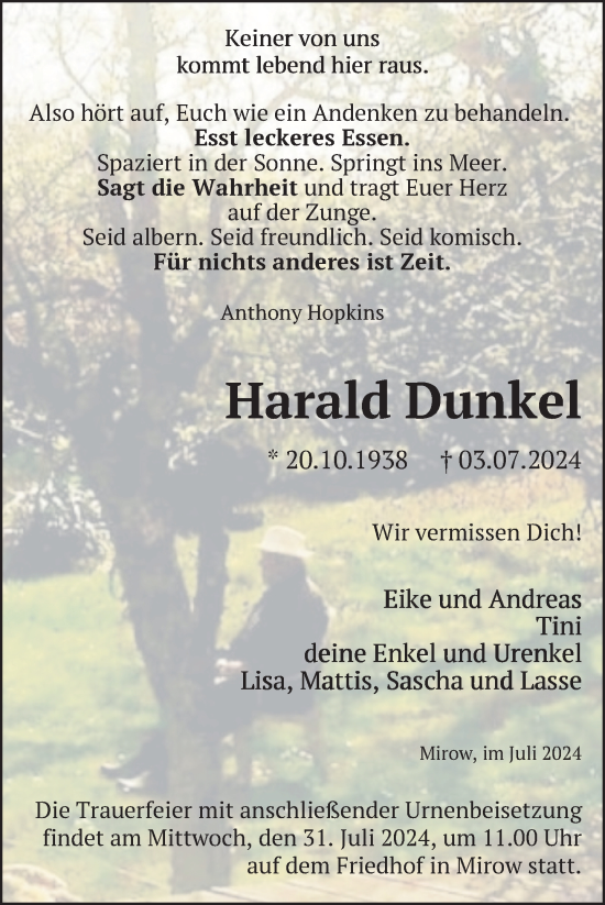 Traueranzeige von Harald Dunkel von Nordkurier Strelitzer Zeitung