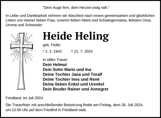 Traueranzeige von Heide Heling von Nordkurier Neubrandenburger Zeitung