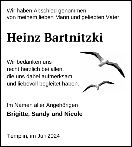 Traueranzeige von Heinz Bartnitzki von Uckermark Kurier Templiner Zeitung