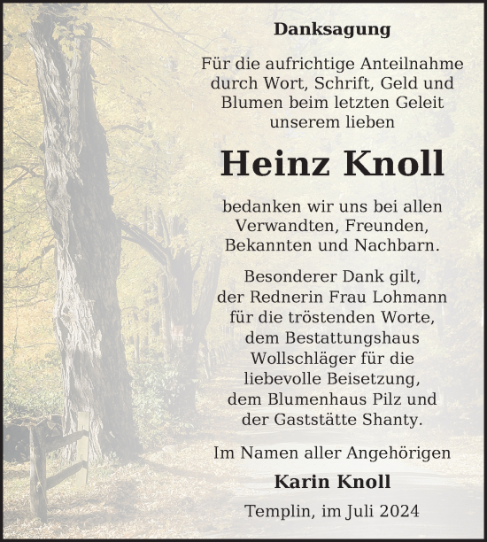 Traueranzeige von Heinz Knoll von Uckermark Kurier Templiner Zeitung