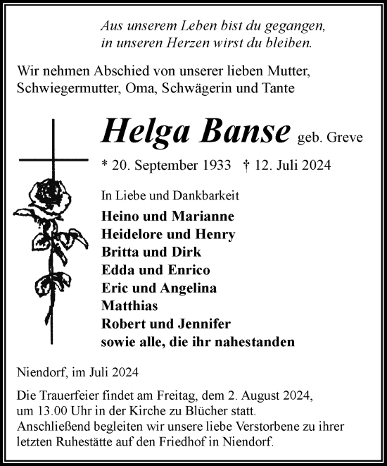 Traueranzeige von Helga Banse von Hagenower Kreisblatt