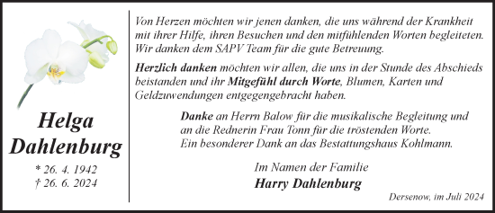 Traueranzeige von Helga Dahlenburg von Hagenower Kreisblatt