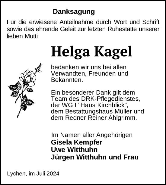 Traueranzeige von Helga Kagel von Uckermark Kurier Templiner Zeitung