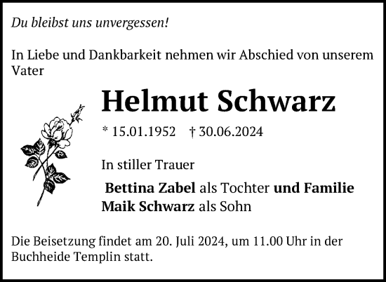 Traueranzeige von Helmut Schwarz von Uckermark Kurier Templiner Zeitung