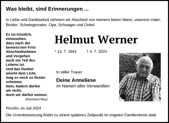 Traueranzeige von Helmut Werner von Nordkurier Müritz-Zeitung