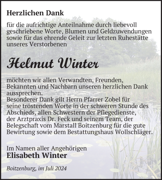 Traueranzeige von Helmut Winter von Uckermark Kurier Templiner Zeitung