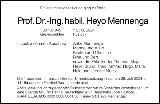 Traueranzeige von Heyo Mennenga von Norddeutsche Neueste Nachrichten