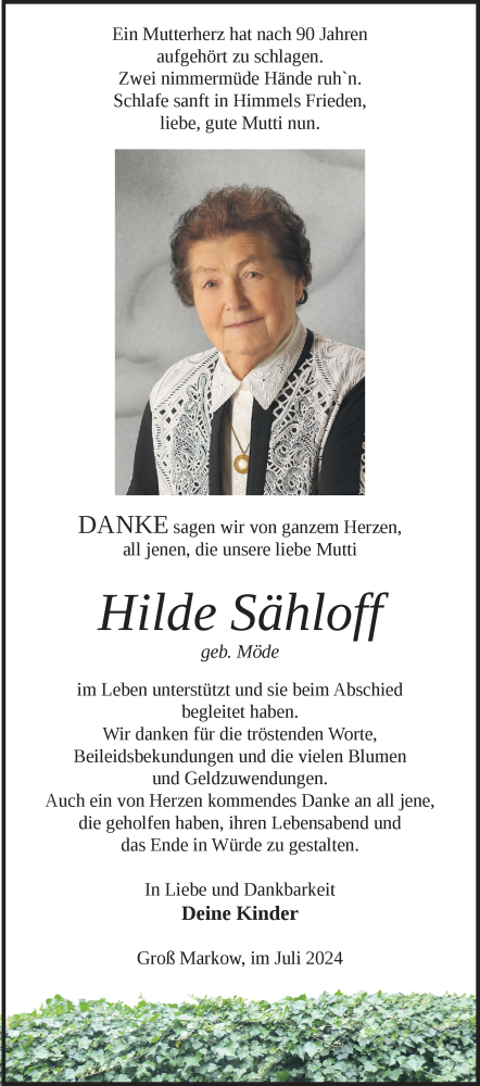 Traueranzeige von Hilde Sähloff von Nordkurier Mecklenburger Schweiz