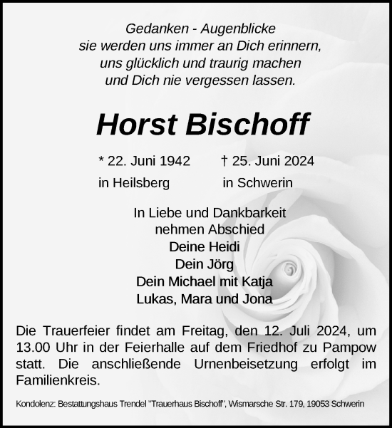 Traueranzeige von Horst Bischoff von Zeitung für die Landeshauptstadt