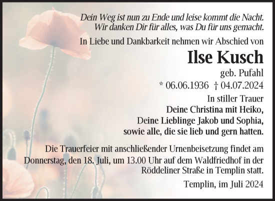 Traueranzeige von Ilse Kusch von Uckermark Kurier Templiner Zeitung