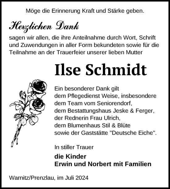 Traueranzeige von Ilse Schmidt von Uckermark Kurier Prenzlauer Zeitung