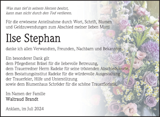 Traueranzeige von Ilse Stephan von Nordkurier Vorpommern Kurier