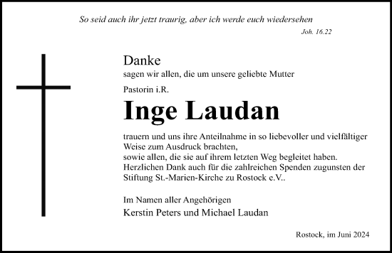 Traueranzeige von Inge Laudan von Norddeutsche Neueste Nachrichten