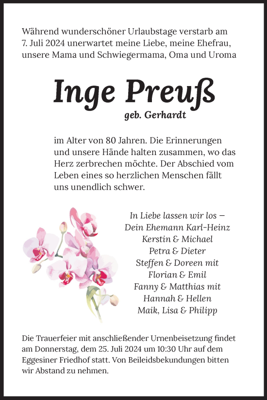 Traueranzeige von Inge Preuß von Nordkurier Haff-Zeitung
