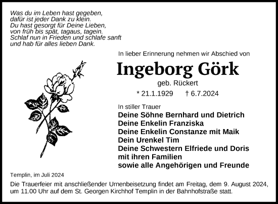 Traueranzeige von Ingeborg Görk von Uckermark Kurier Templiner Zeitung