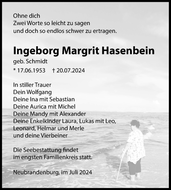 Traueranzeige von Ingeborg Margrit Hasenbein von Nordkurier Neubrandenburger Zeitung