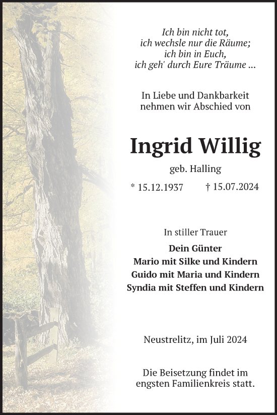 Traueranzeige von Ingrid Willig von Nordkurier Strelitzer Zeitung