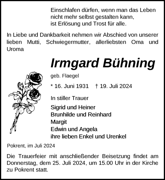 Traueranzeige von Irmgard Bühning von Gadebusch - Rehnaer Zeitung