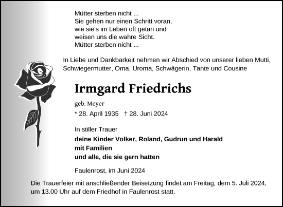 Traueranzeige von Irmgard Friedrichs von Nordkurier Mecklenburger Schweiz