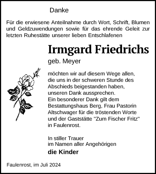 Traueranzeige von Irmgard Friedrichs von Nordkurier Mecklenburger Schweiz