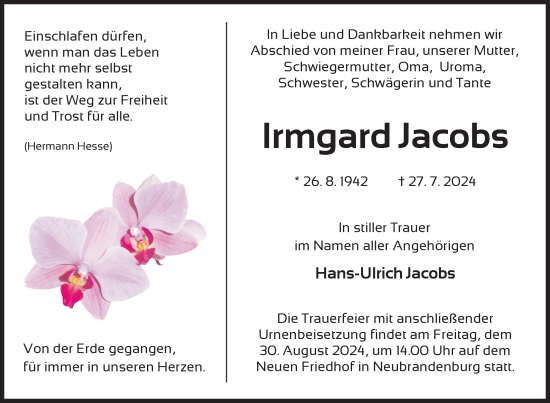 Traueranzeige von Irmgard Jacobs von Nordkurier Neubrandenburger Zeitung