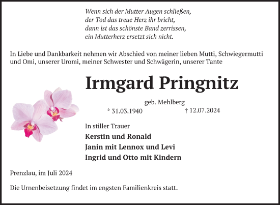 Traueranzeige von Irmgard Pringnitz von Uckermark Kurier Prenzlauer Zeitung