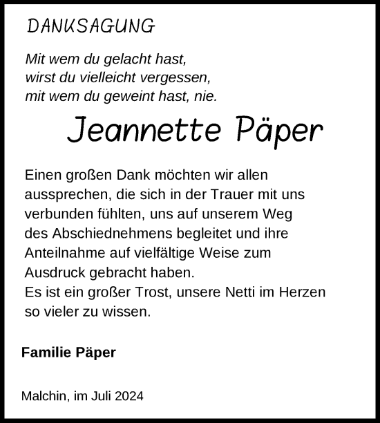 Traueranzeige von Jeannette Päper von Nordkurier Mecklenburger Schweiz