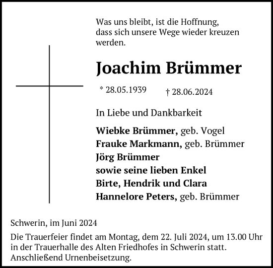 Traueranzeige von Joachim Brümmer von Zeitung für die Landeshauptstadt